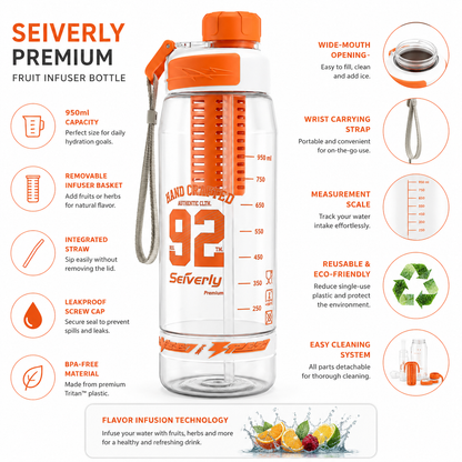 Seiverly Premium Fruit Infuser Water Bottle with Removable Infusion Rod | Leakproof Sports & Fitness Water Bottle with Carry Strap