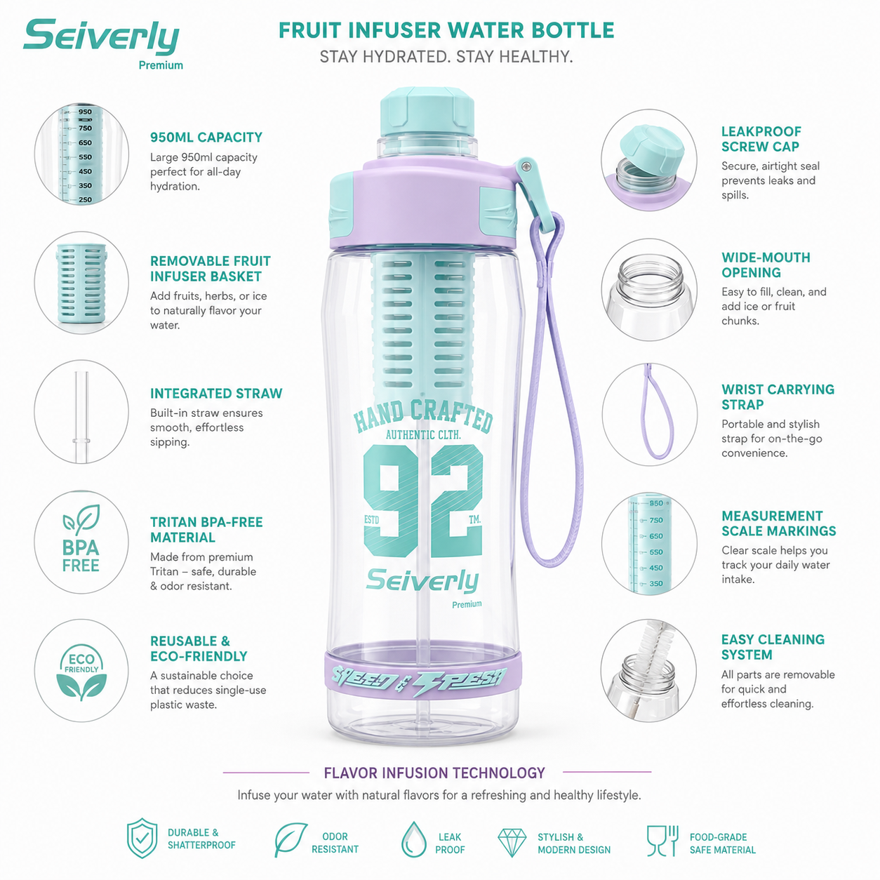 Seiverly Premium Fruit Infuser Water Bottle with Removable Infusion Rod | Leakproof Sports & Fitness Water Bottle with Carry Strap