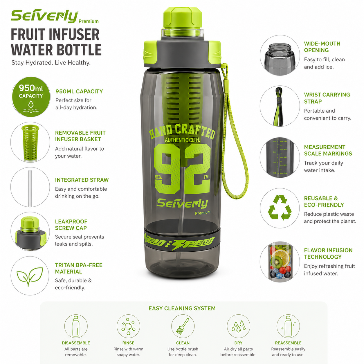 Seiverly Premium Fruit Infuser Water Bottle with Removable Infusion Rod | Leakproof Sports & Fitness Water Bottle with Carry Strap