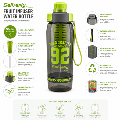 Seiverly Premium Fruit Infuser Water Bottle with Removable Infusion Rod | Leakproof Sports & Fitness Water Bottle with Carry Strap