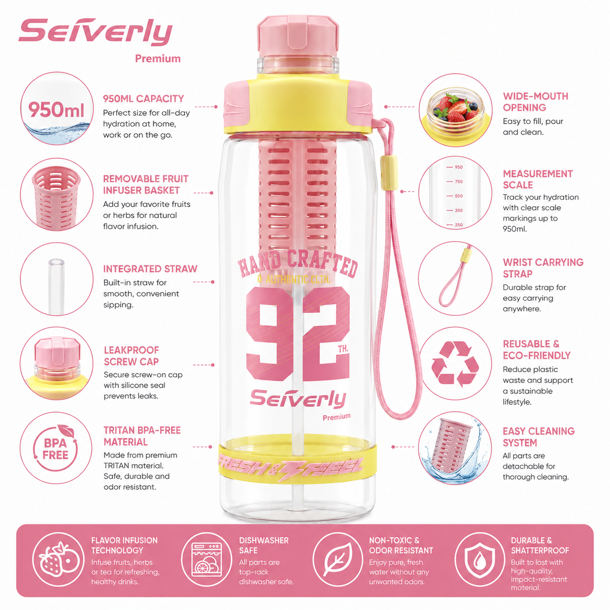 Seiverly Premium Fruit Infuser Water Bottle with Removable Infusion Rod | Leakproof Sports & Fitness Water Bottle with Carry Strap