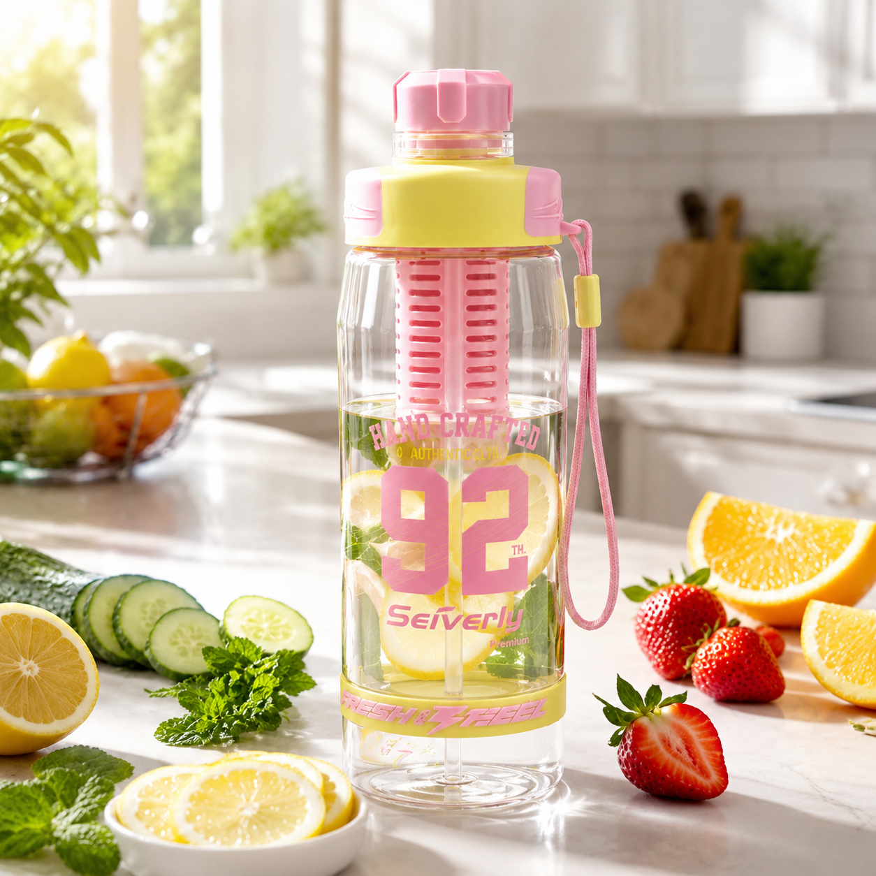 Seiverly Premium Fruit Infuser Water Bottle with Removable Infusion Rod | Leakproof Sports & Fitness Water Bottle with Carry Strap