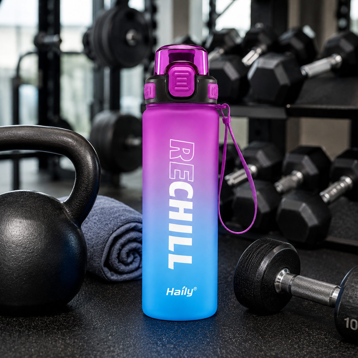 RECHILL Gradient Sports Water Bottle 1000ml | Leakproof Motivational Water Bottle with Strap | BPA-Free Fitness Hydration Bottle by Haily