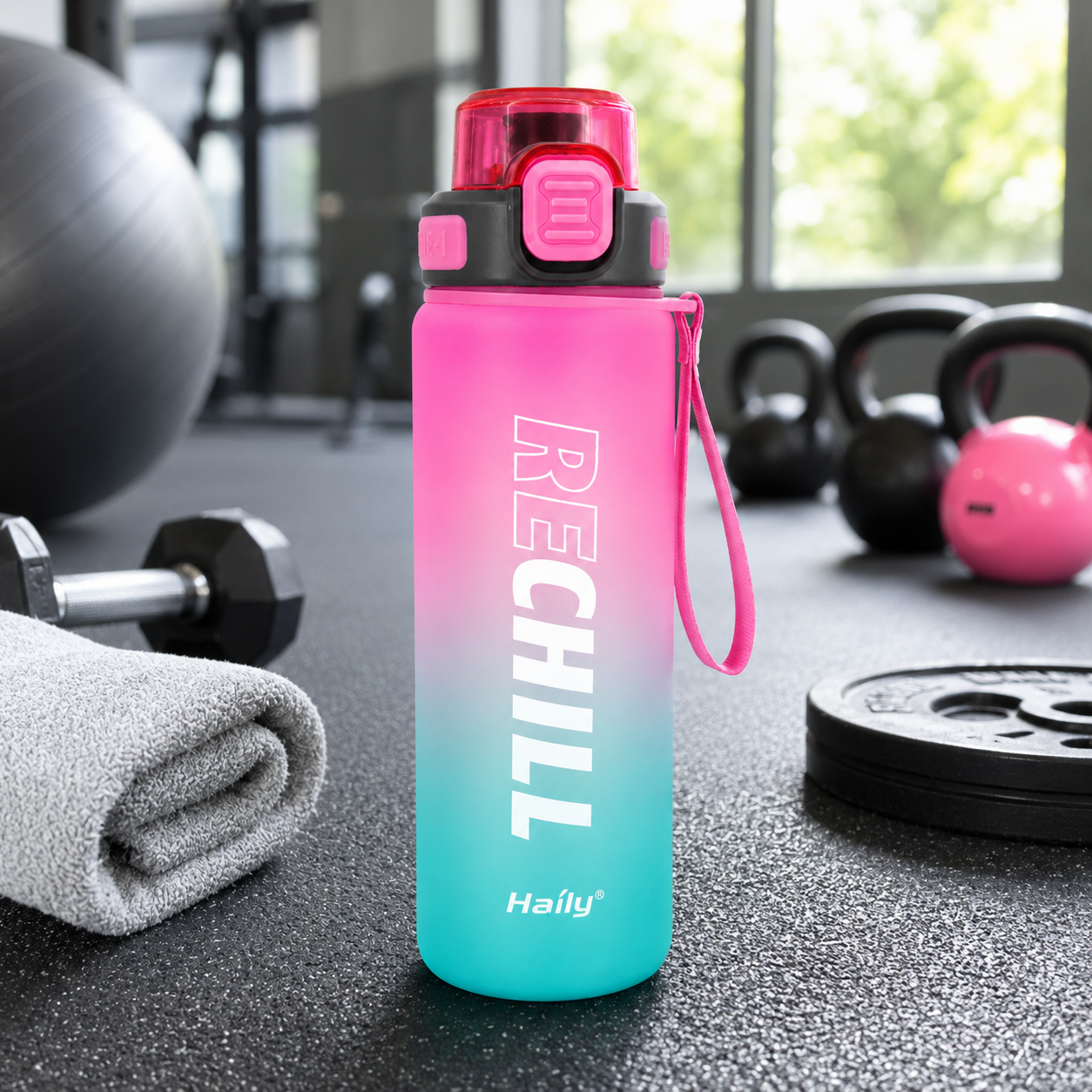 RECHILL Gradient Sports Water Bottle 1000ml | Leakproof Motivational Water Bottle with Strap | BPA-Free Fitness Hydration Bottle by Haily