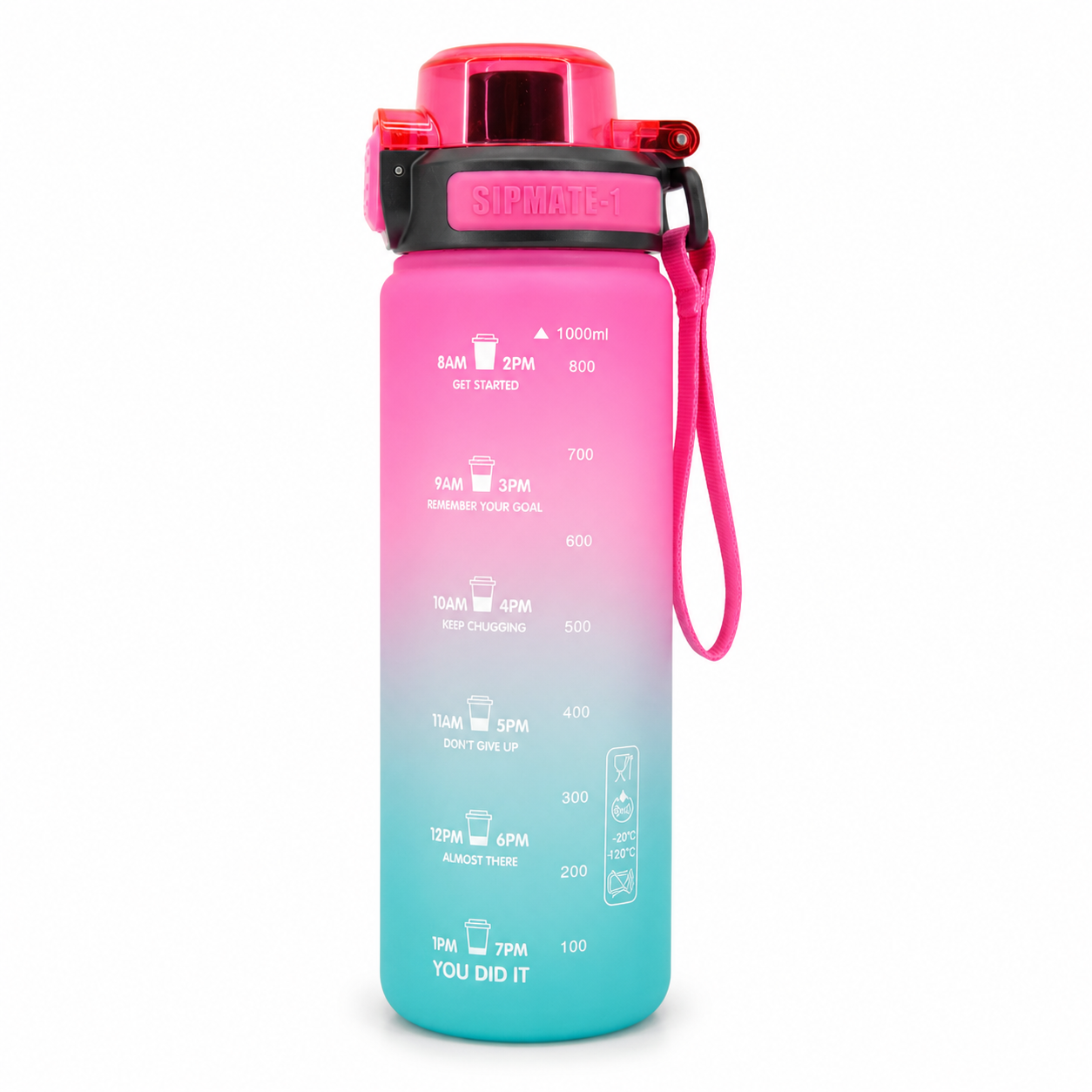 RECHILL Gradient Sports Water Bottle 1000ml | Leakproof Motivational Water Bottle with Strap | BPA-Free Fitness Hydration Bottle by Haily