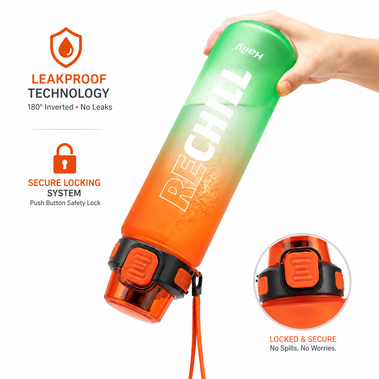 RECHILL Gradient Sports Water Bottle 1000ml | Leakproof Motivational Water Bottle with Strap | BPA-Free Fitness Hydration Bottle by Haily