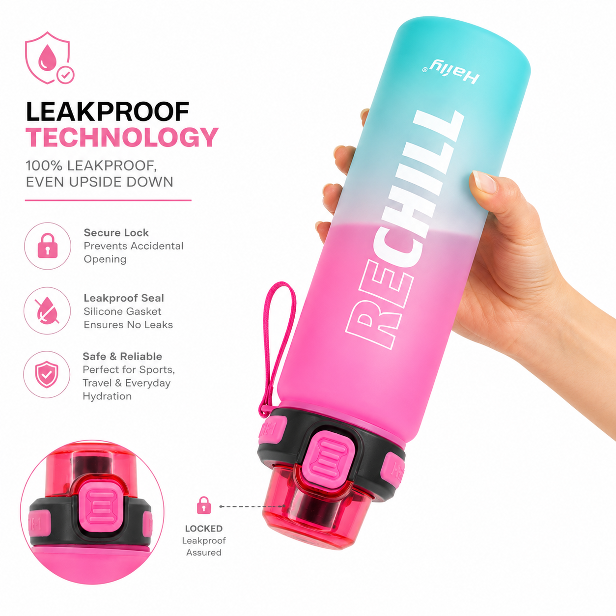 RECHILL Gradient Sports Water Bottle 1000ml | Leakproof Motivational Water Bottle with Strap | BPA-Free Fitness Hydration Bottle by Haily