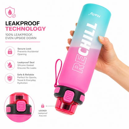 RECHILL Gradient Sports Water Bottle 1000ml | Leakproof Motivational Water Bottle with Strap | BPA-Free Fitness Hydration Bottle by Haily