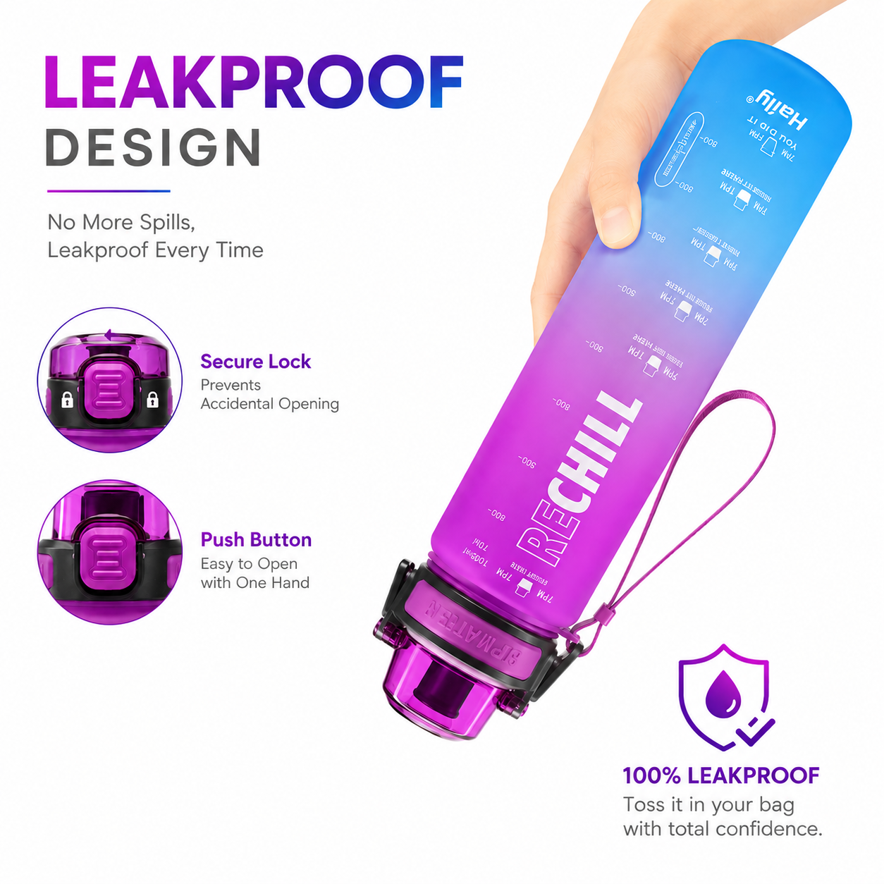 RECHILL Gradient Sports Water Bottle 1000ml | Leakproof Motivational Water Bottle with Strap | BPA-Free Fitness Hydration Bottle by Haily