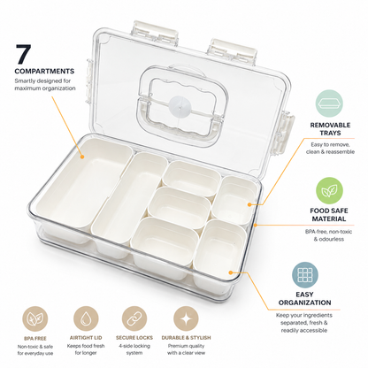 Premium 7-Compartment Airtight Food Storage Organizer Box with Removable Trays & Locking Lid | Multi-Purpose Refrigerator & Kitchen Storage Container