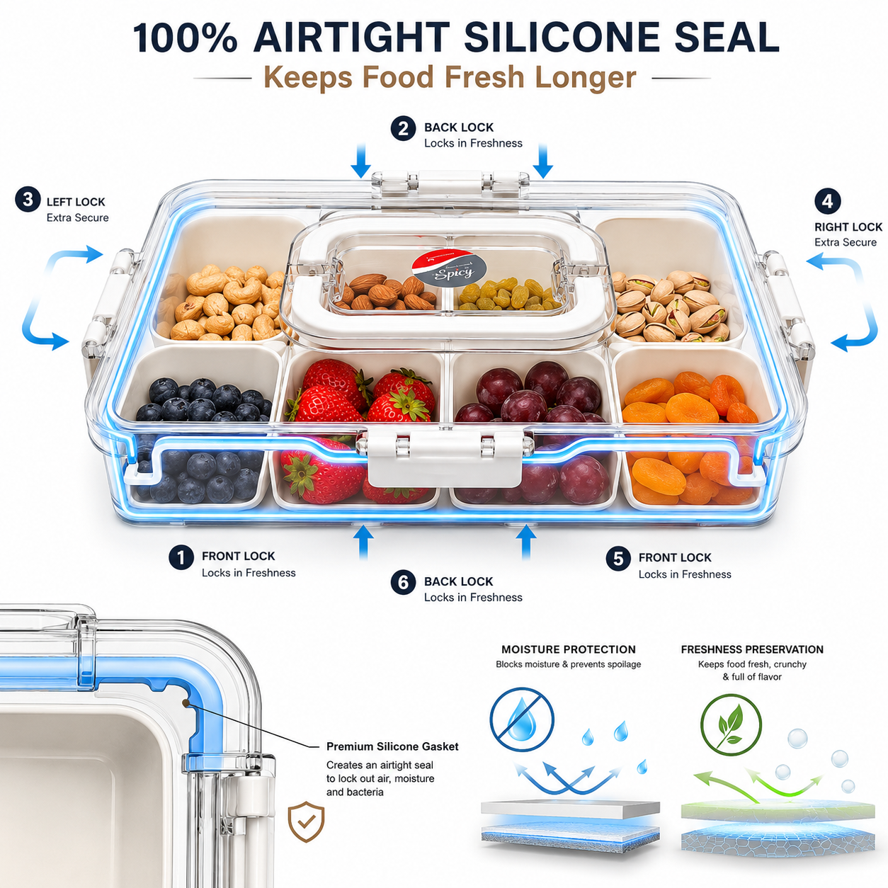 Premium 7-Compartment Airtight Food Storage Organizer Box with Removable Trays & Locking Lid | Multi-Purpose Refrigerator & Kitchen Storage Container