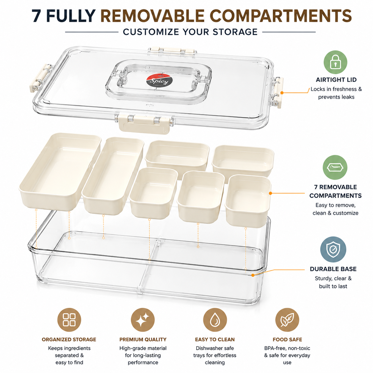 Premium 7-Compartment Airtight Food Storage Organizer Box with Removable Trays & Locking Lid | Multi-Purpose Refrigerator & Kitchen Storage Container