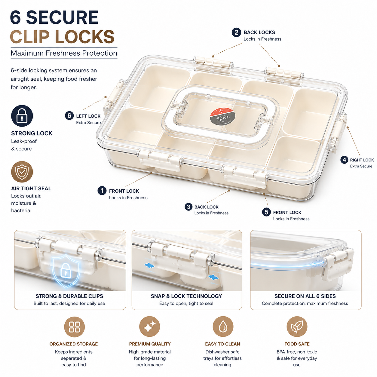 Premium 7-Compartment Airtight Food Storage Organizer Box with Removable Trays & Locking Lid | Multi-Purpose Refrigerator & Kitchen Storage Container