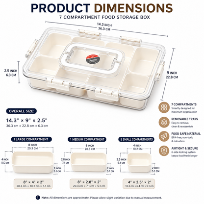 Premium 7-Compartment Airtight Food Storage Organizer Box with Removable Trays & Locking Lid | Multi-Purpose Refrigerator & Kitchen Storage Container