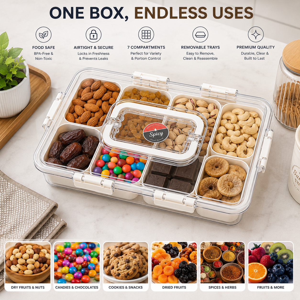 Premium 7-Compartment Airtight Food Storage Organizer Box with Removable Trays & Locking Lid | Multi-Purpose Refrigerator & Kitchen Storage Container