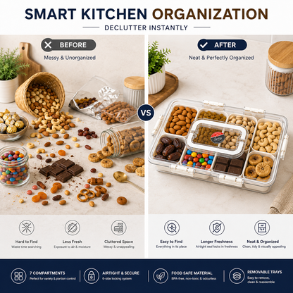 Premium 7-Compartment Airtight Food Storage Organizer Box with Removable Trays & Locking Lid | Multi-Purpose Refrigerator & Kitchen Storage Container