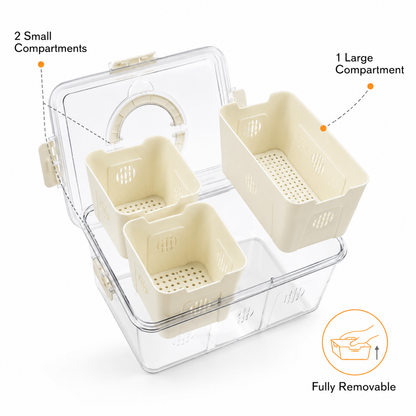 Premium 3-Compartment Airtight Food Storage Organizer Box with Removable Trays | Refrigerator Storage Container for Fruits, Vegetables, Snacks & Dry Fruits