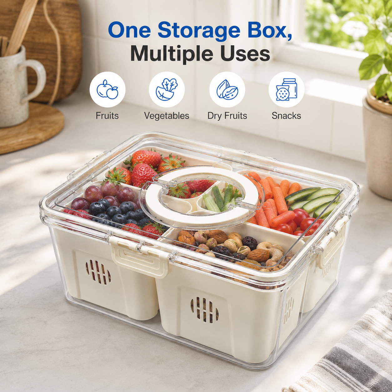 Premium 3-Compartment Airtight Food Storage Organizer Box with Removable Trays | Refrigerator Storage Container for Fruits, Vegetables, Snacks & Dry Fruits