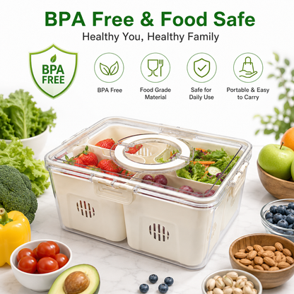 Premium 3-Compartment Airtight Food Storage Organizer Box with Removable Trays | Refrigerator Storage Container for Fruits, Vegetables, Snacks & Dry Fruits