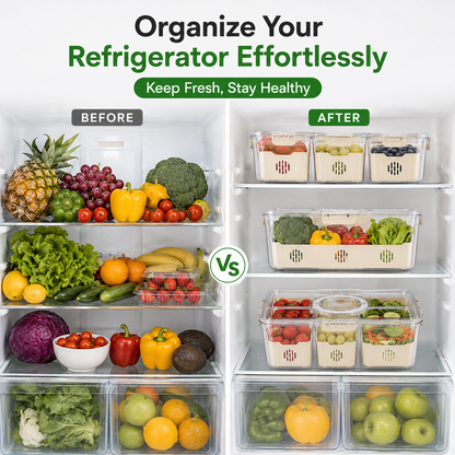 Premium 3-Compartment Airtight Food Storage Organizer Box with Removable Trays | Refrigerator Storage Container for Fruits, Vegetables, Snacks & Dry Fruits