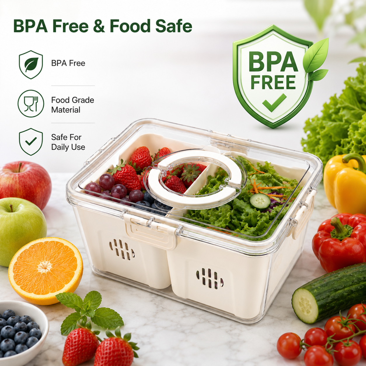 Premium Airtight Food Storage Organizer Box with Large Removable Compartment | BPA-Free Refrigerator Storage Container for Fruits, Vegetables & Pantry Organization