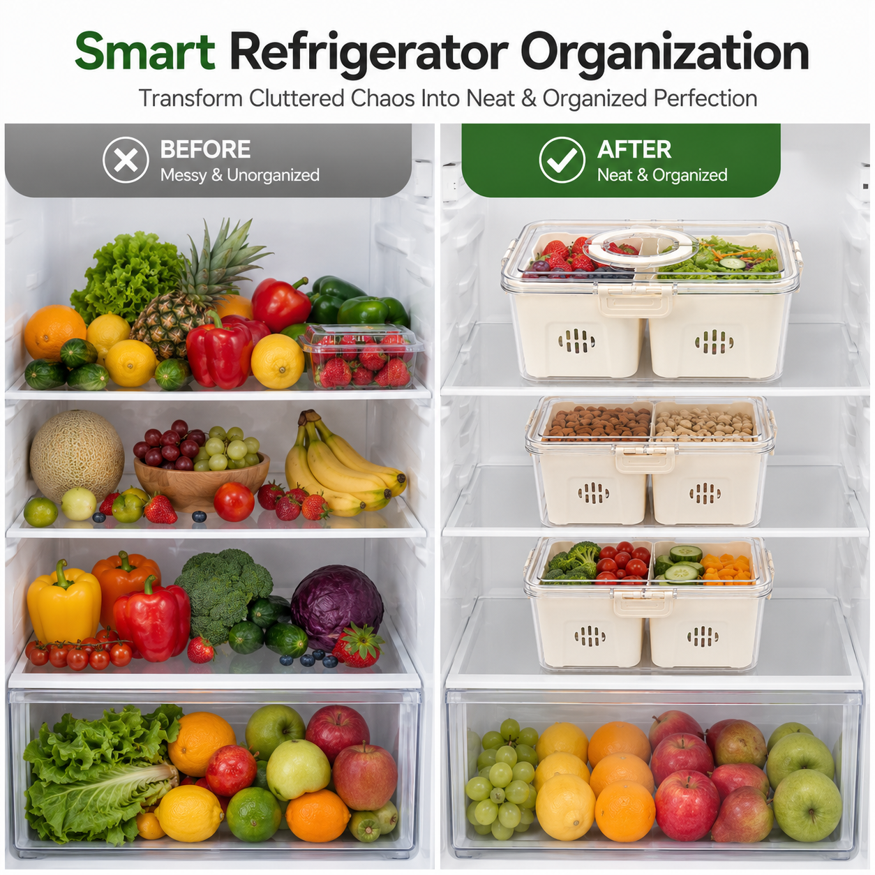 Premium Airtight Food Storage Organizer Box with Large Removable Compartment | BPA-Free Refrigerator Storage Container for Fruits, Vegetables & Pantry Organization