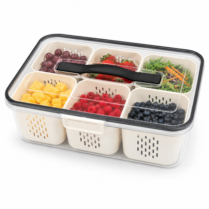 Premium 6-Compartment Airtight Food Storage Organizer Box with Handle | BPA-Free Refrigerator Storage Container with 6 Removable Baskets