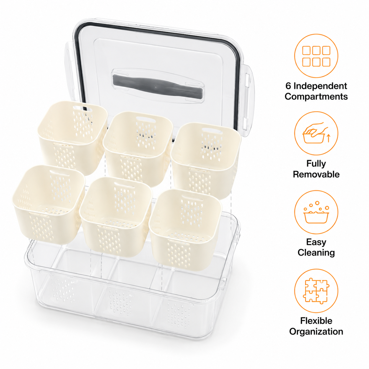 Premium 6-Compartment Airtight Food Storage Organizer Box with Handle | BPA-Free Refrigerator Storage Container with 6 Removable Baskets