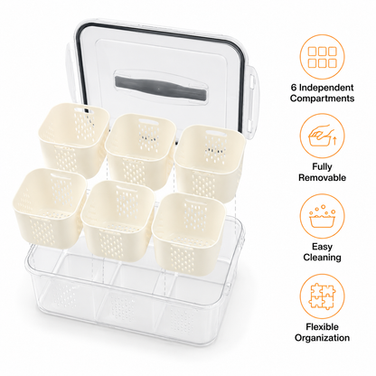 Premium 6-Compartment Airtight Food Storage Organizer Box with Handle | BPA-Free Refrigerator Storage Container with 6 Removable Baskets