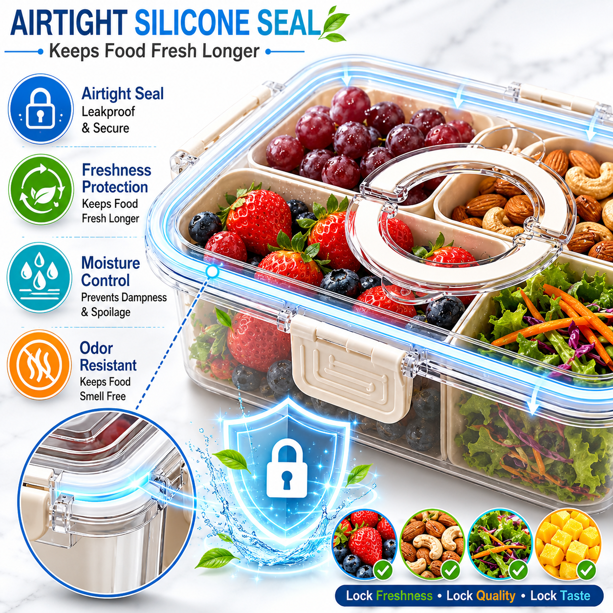 Premium 3-Compartment Airtight Food Storage Organizer Box with Removable Trays | BPA-Free Kitchen, Refrigerator & Snack Storage Container