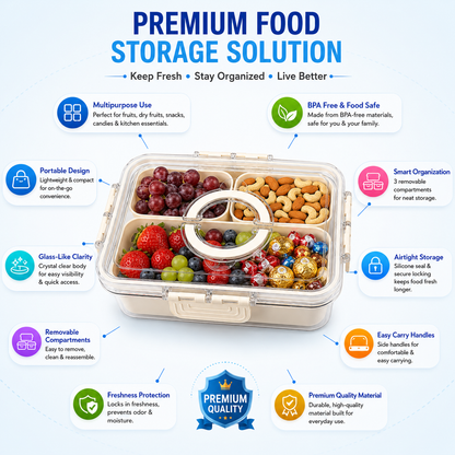 Premium 3-Compartment Airtight Food Storage Organizer Box with Removable Trays | BPA-Free Kitchen, Refrigerator & Snack Storage Container