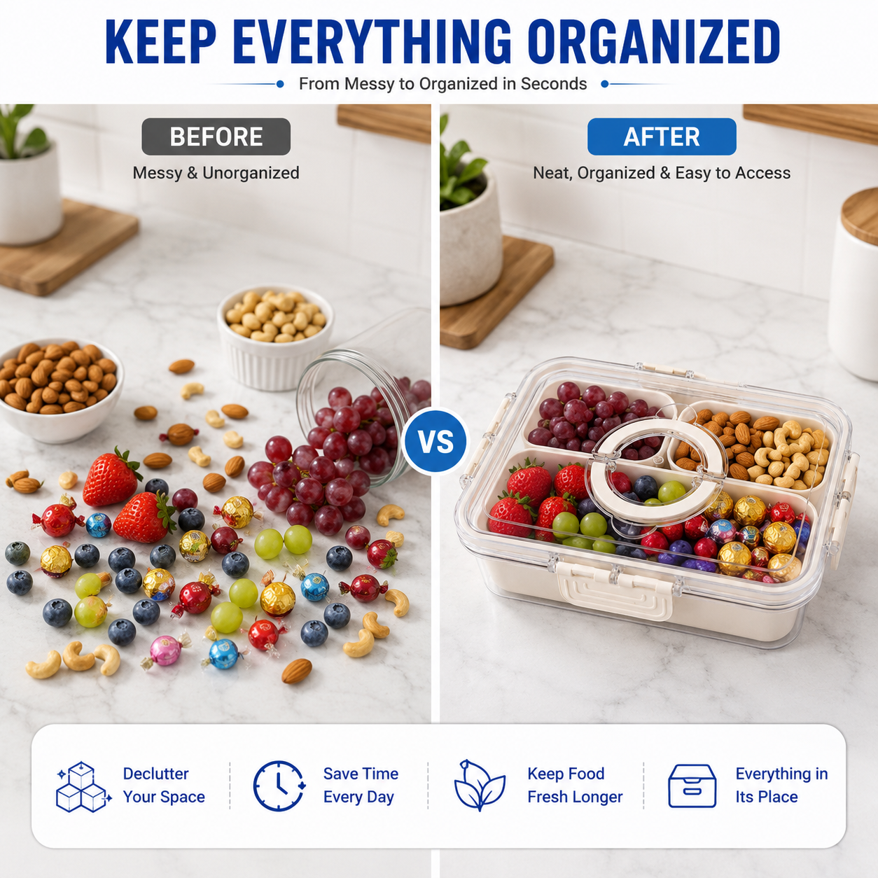 Premium 3-Compartment Airtight Food Storage Organizer Box with Removable Trays | BPA-Free Kitchen, Refrigerator & Snack Storage Container