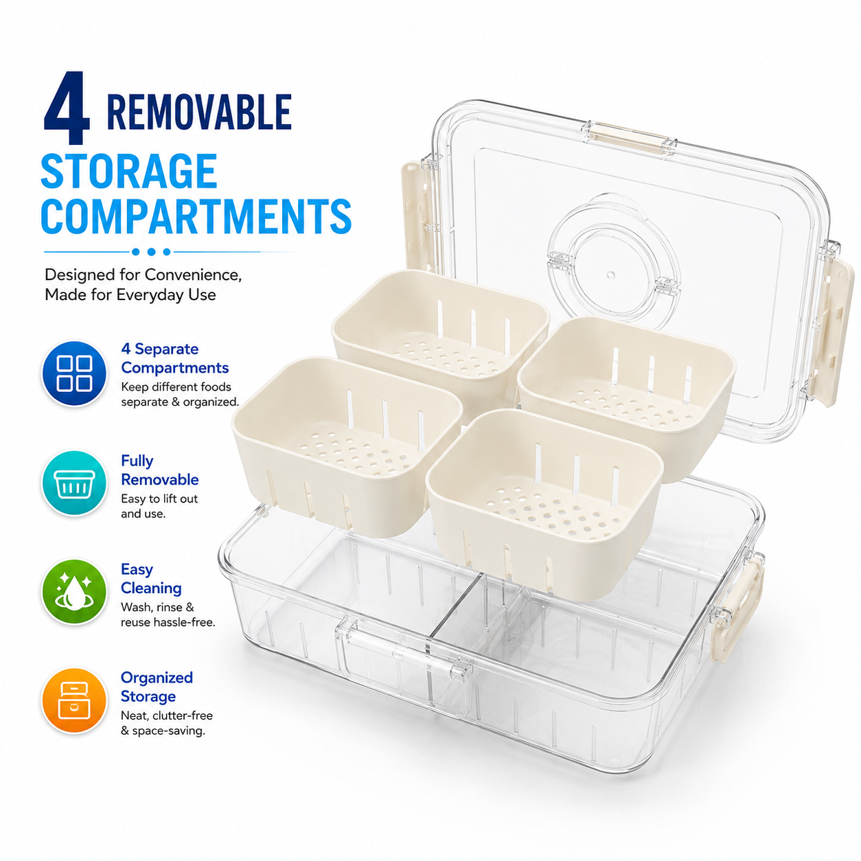 Premium 6-Compartment Airtight Food Storage Organizer Box with Removable Baskets | BPA-Free Kitchen & Refrigerator Storage Container