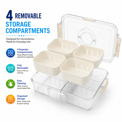 Premium 6-Compartment Airtight Food Storage Organizer Box with Removable Baskets | BPA-Free Kitchen & Refrigerator Storage Container