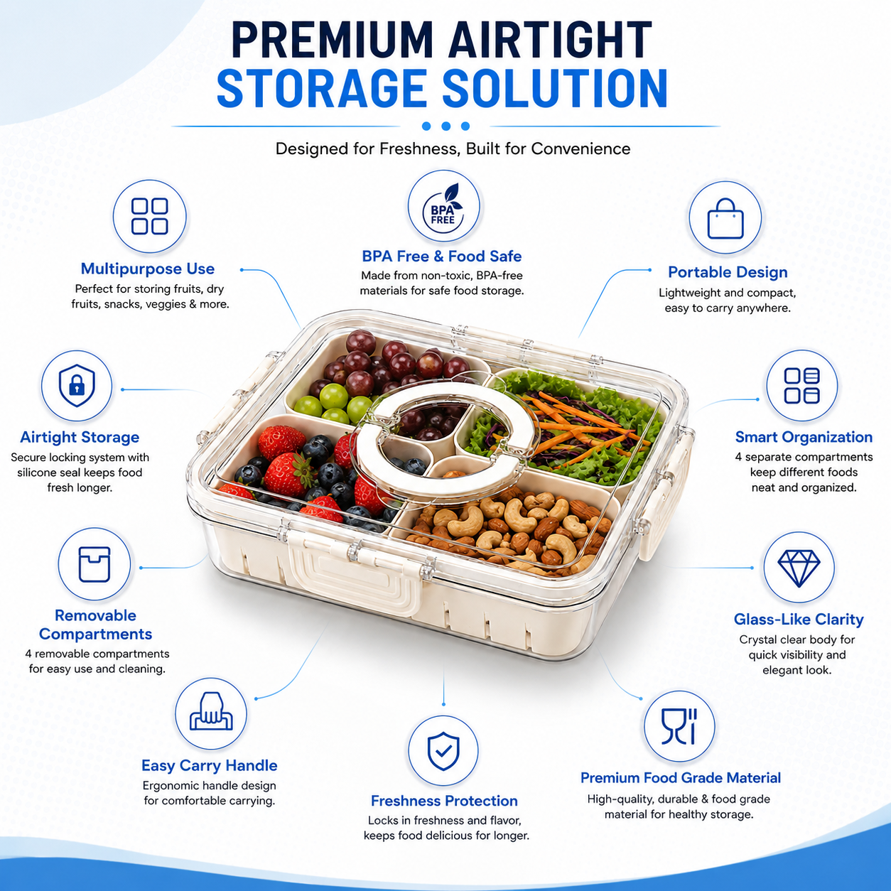 Premium 6-Compartment Airtight Food Storage Organizer Box with Removable Baskets | BPA-Free Kitchen & Refrigerator Storage Container