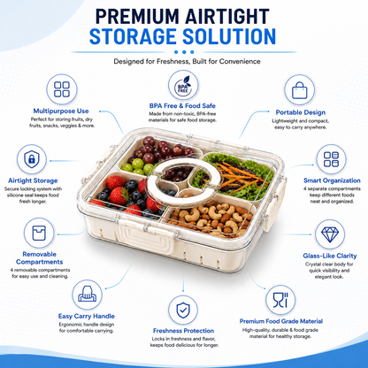 Premium 6-Compartment Airtight Food Storage Organizer Box with Removable Baskets | BPA-Free Kitchen & Refrigerator Storage Container