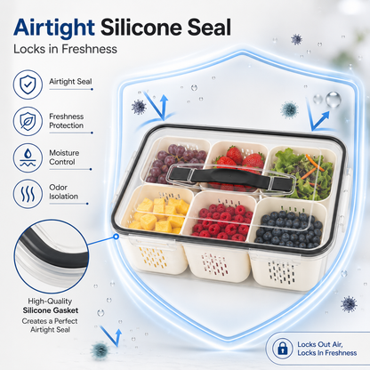Premium 6-Compartment Airtight Food Storage Organizer Box with Handle | BPA-Free Refrigerator Storage Container with 6 Removable Baskets