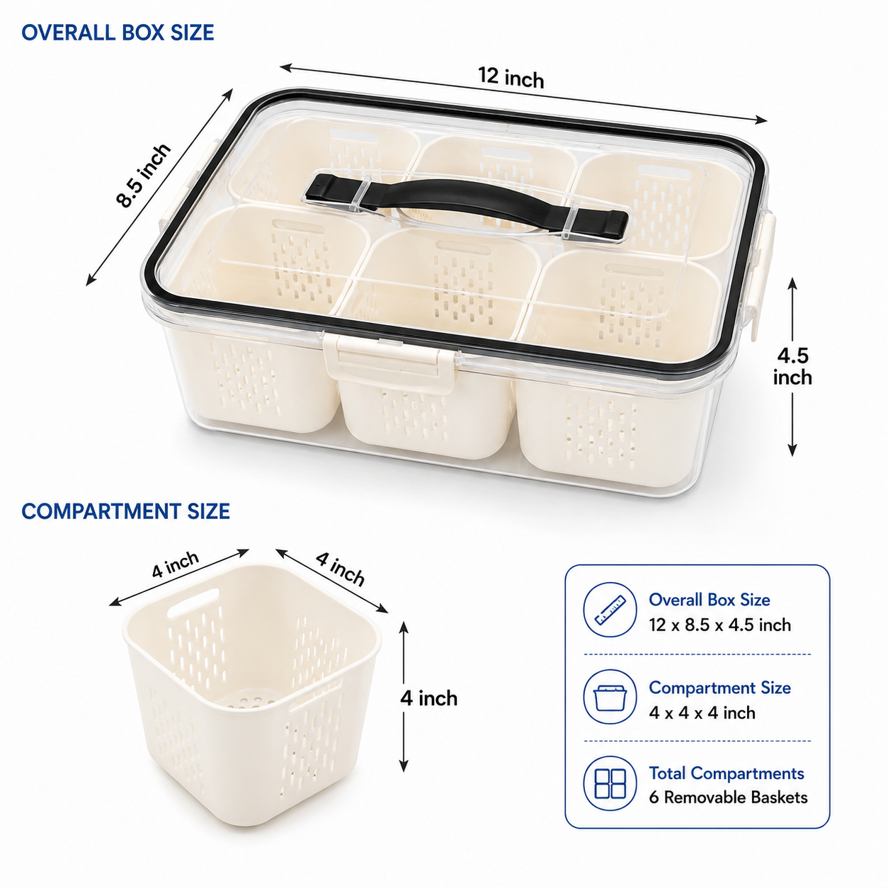 Premium 6-Compartment Airtight Food Storage Organizer Box with Handle | BPA-Free Refrigerator Storage Container with 6 Removable Baskets
