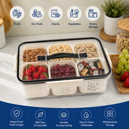 Premium 6-Compartment Airtight Food Storage Organizer Box with Handle | BPA-Free Refrigerator Storage Container with 6 Removable Baskets