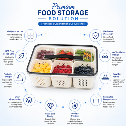 Premium 6-Compartment Airtight Food Storage Organizer Box with Handle | BPA-Free Refrigerator Storage Container with 6 Removable Baskets