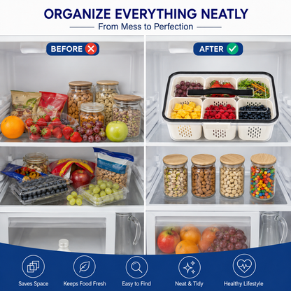 Premium 6-Compartment Airtight Food Storage Organizer Box with Handle | BPA-Free Refrigerator Storage Container with 6 Removable Baskets