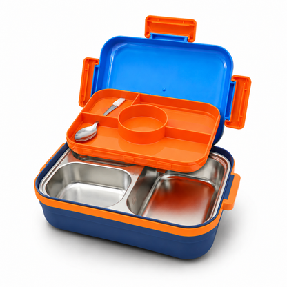 Kids Stainless Steel Lunch Box with 5 Compartments, Spoon & Fork | Rocket Theme Leakproof School Tiffin Box