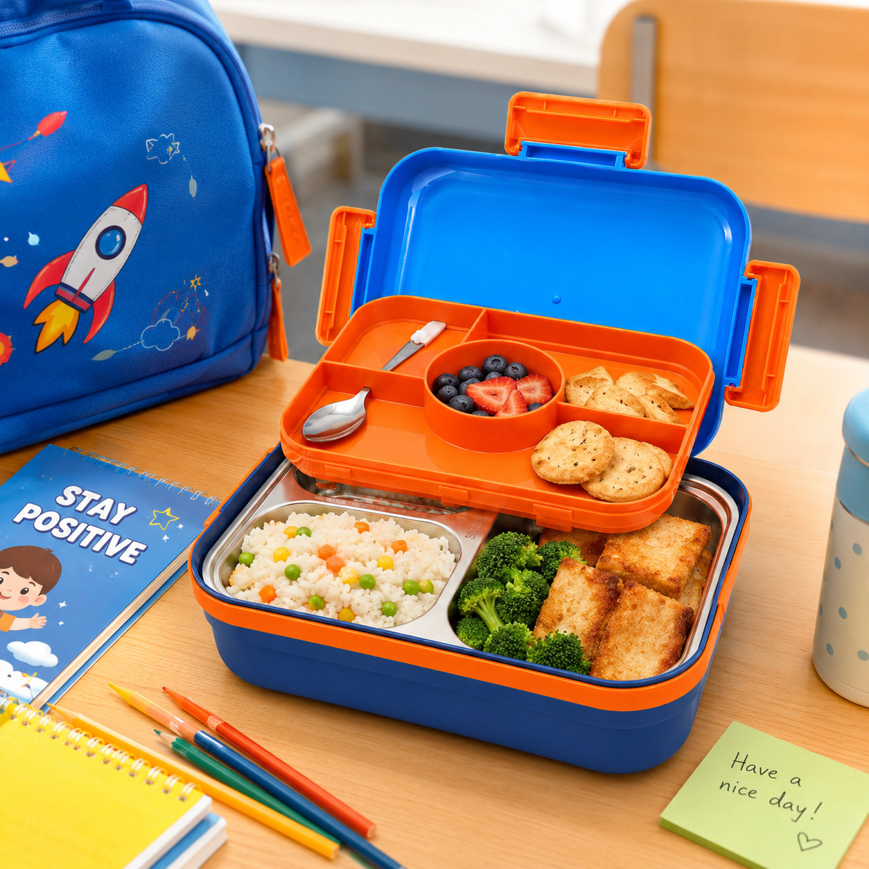 Kids Stainless Steel Lunch Box with 5 Compartments, Spoon & Fork | Rocket Theme Leakproof School Tiffin Box