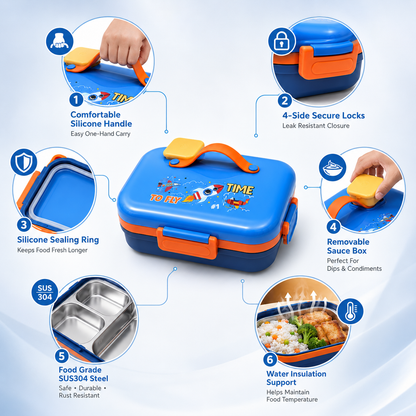 Kids Stainless Steel Lunch Box with 5 Compartments, Spoon & Fork | Rocket Theme Leakproof School Tiffin Box