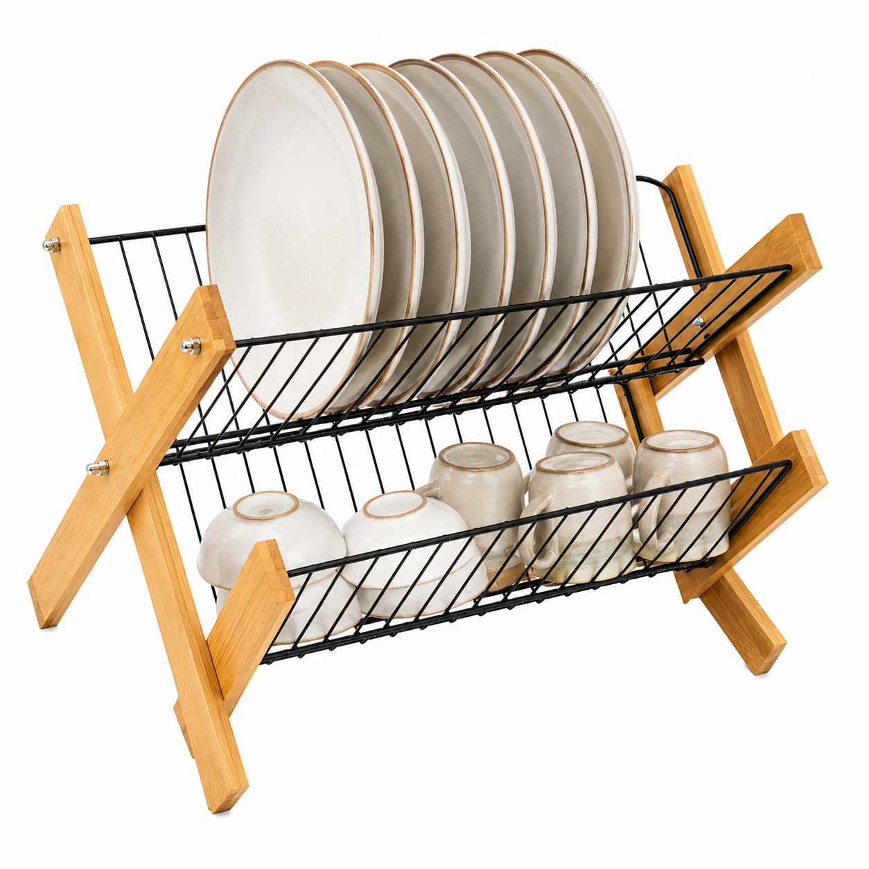 2-Tier Dish Drying Rack with Bamboo Frame | Foldable Kitchen Countertop Plate & Cup Organizer | Space Saving Dish Drainer Stand