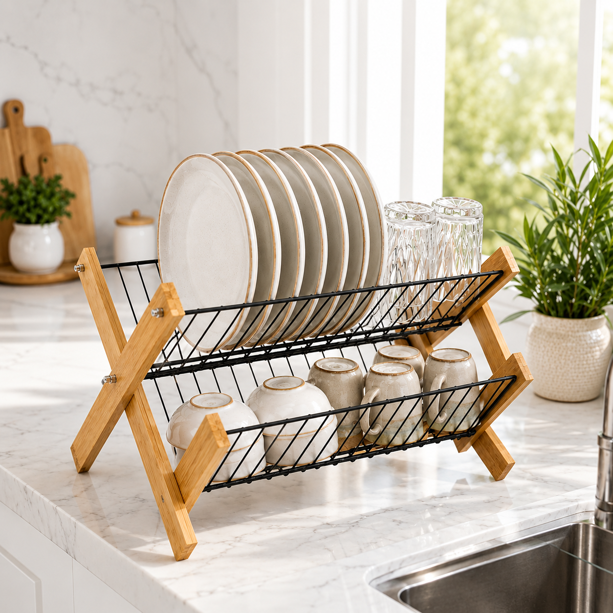 2-Tier Dish Drying Rack with Bamboo Frame | Foldable Kitchen Countertop Plate & Cup Organizer | Space Saving Dish Drainer Stand
