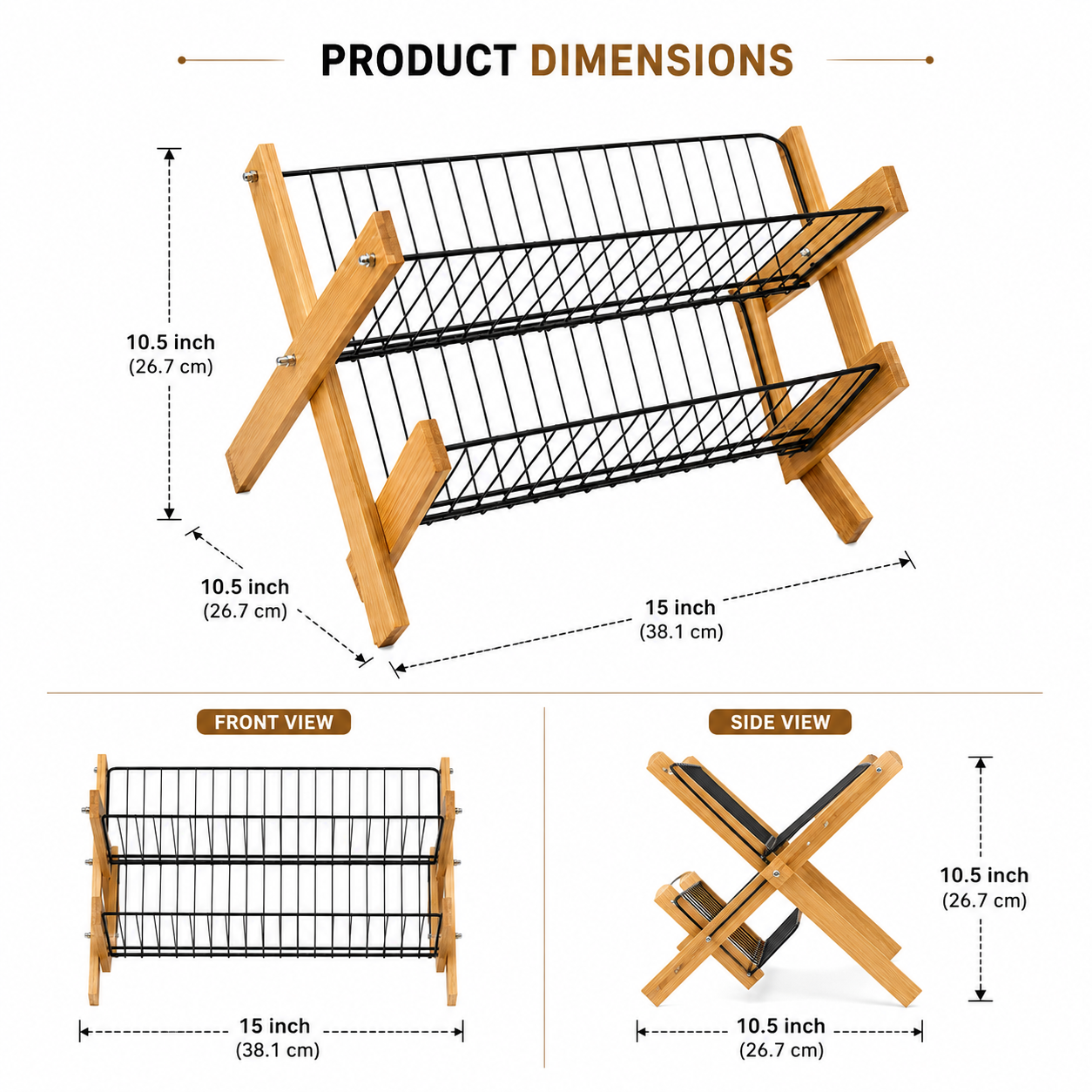 2-Tier Dish Drying Rack with Bamboo Frame | Foldable Kitchen Countertop Plate & Cup Organizer | Space Saving Dish Drainer Stand