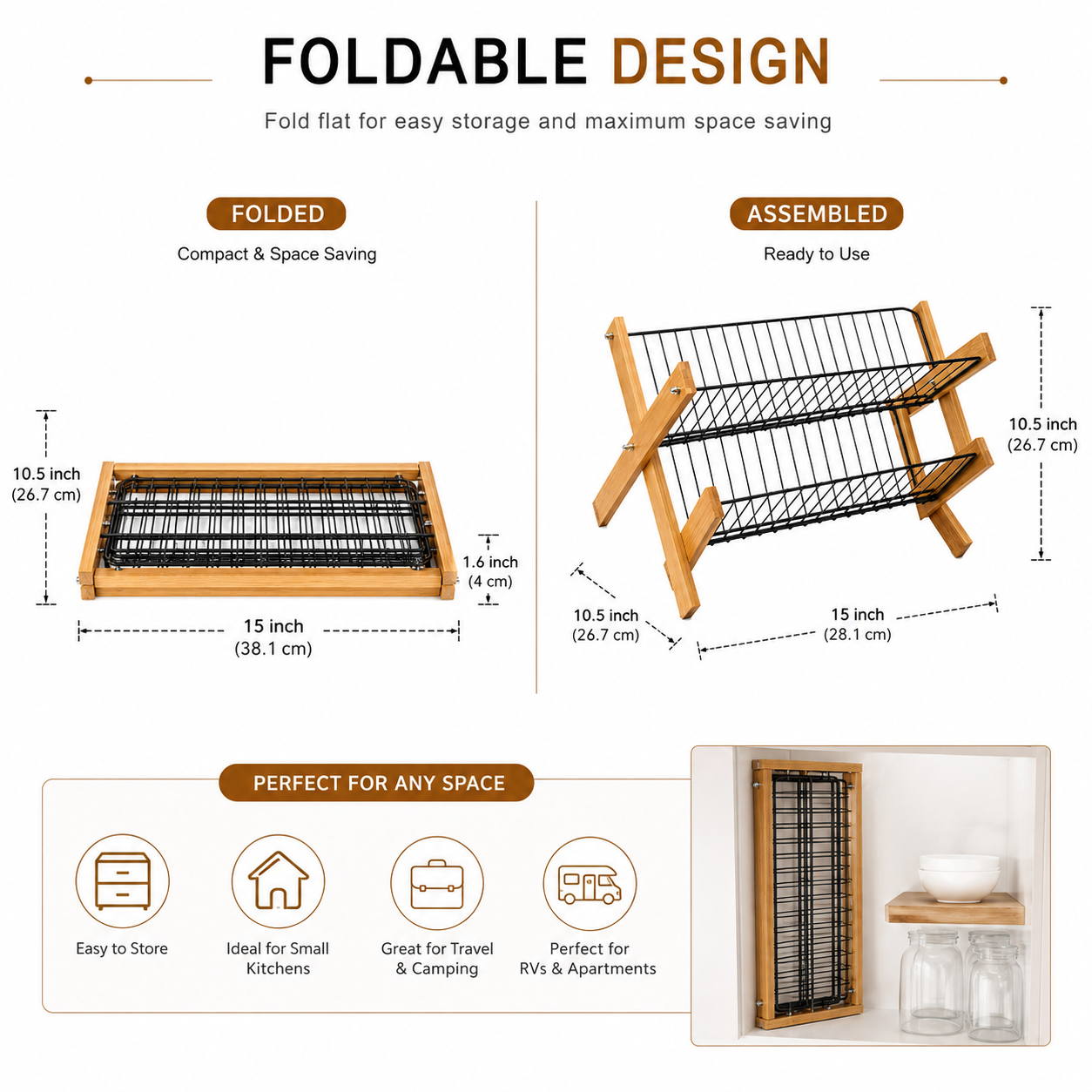 2-Tier Dish Drying Rack with Bamboo Frame | Foldable Kitchen Countertop Plate & Cup Organizer | Space Saving Dish Drainer Stand