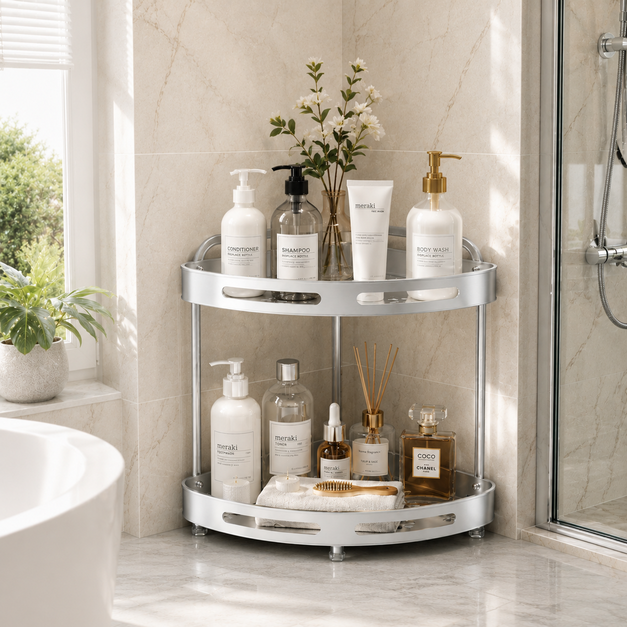 2-Tier & 3-Tier Aluminum Corner Storage Rack | Rust Resistant Bathroom & Kitchen Organizer Shelf | Space Saving Corner Stand with Drainage Holes