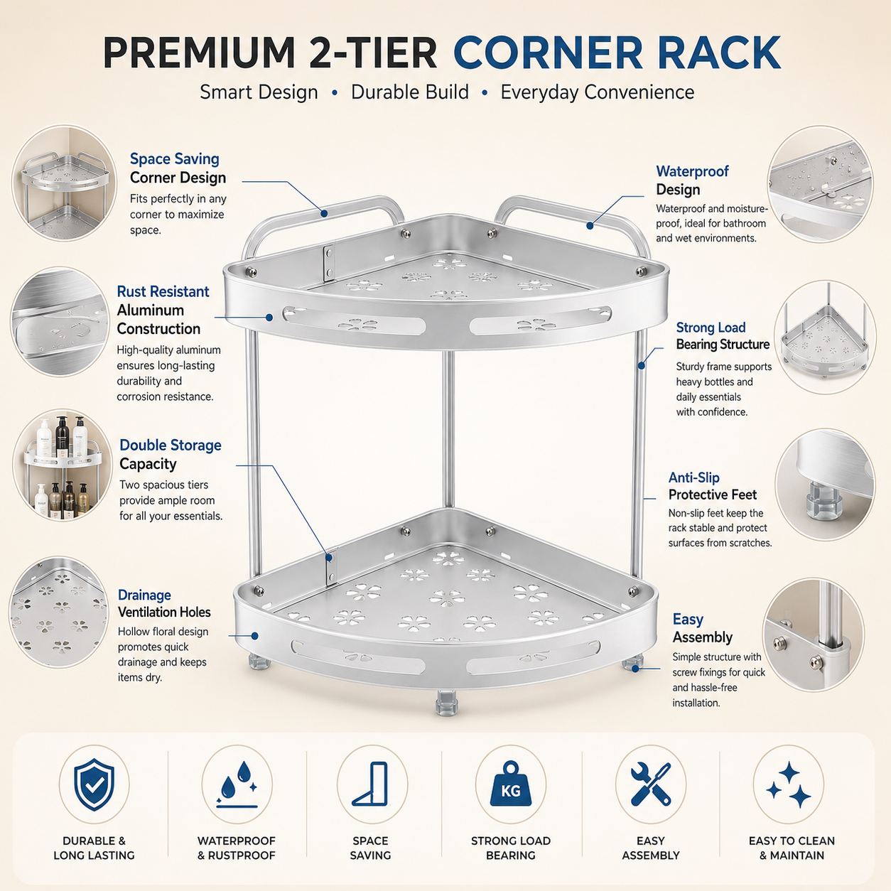 2-Tier & 3-Tier Aluminum Corner Storage Rack | Rust Resistant Bathroom & Kitchen Organizer Shelf | Space Saving Corner Stand with Drainage Holes